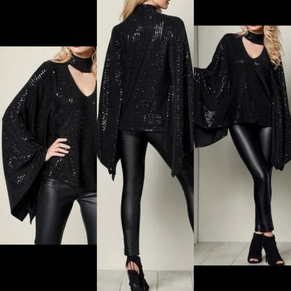Sequin Poncho Style Top With Batwing Sleeves - Picture 5 of 7